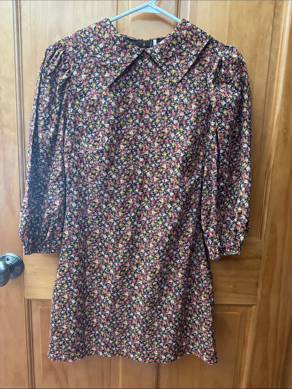 Free People Brown Floral Collared Mini Dress with Pink and Yellow Blooms